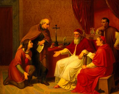 Bramante presenta a Rafael al Papa Julio II, ca. 1836 de Johann Christian Riepenhausen