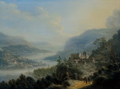 Un extenso paisaje renano con viajeros en una carretera junto a un castillo de Johann Christian Vollerdt or Vollaert
