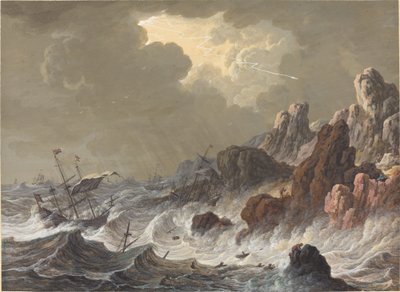 Barcos azotados por la tormenta naufragados en una costa rocosa de Johann Christoph Dietzsch
