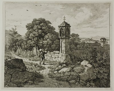 Campesino Saludando a un Santuario de la Virgen, placa uno de Die zwei grossen Landschaften mit den Betsäulen de Johann Christoph Erhard