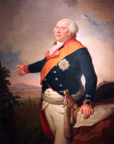 Retrato del rey Federico Guillermo II de Prusia (1744-1797) con una estrella de la Orden Prusiana del Águila Negra, la mano izquierda apoyada en un mapa de Fráncfort, un paisaje con el ejército prusiano acampado a las afueras de Fráncfort. de Johann Christoph Frisch