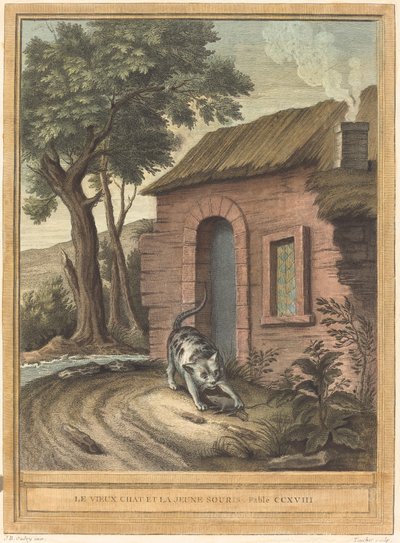 El viejo gato y el joven ratón de Johann Christoph Teucher after Jean Baptiste Oudry
