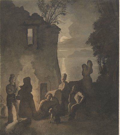 Sabios descansando junto a una hoguera en la orilla de un lago por la noche de Johann Conrad Seekatz