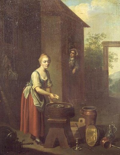 Una criada lavando platos en un patio de Johann Daniel Bager
