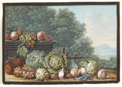 Un bodegón con verduras y frutas. Al fondo, vista de un paisaje montañoso del sur de Johann Dietzsch