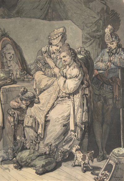 Una Mujer en su Tocador con una Criada, un Niño, un Perro y un Joven Soldado, reverso: Un Boceto, 1770 de Johann Eleazar Schenau