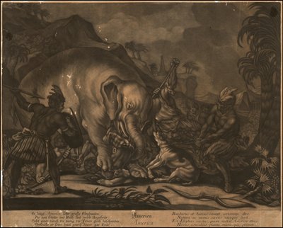 Ca. 1770 mezzotinta alegórica de América de Johann Elias Ridinger