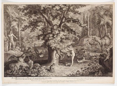 Eva recoge la manzana del árbol del conocimiento de Johann Elias Ridinger