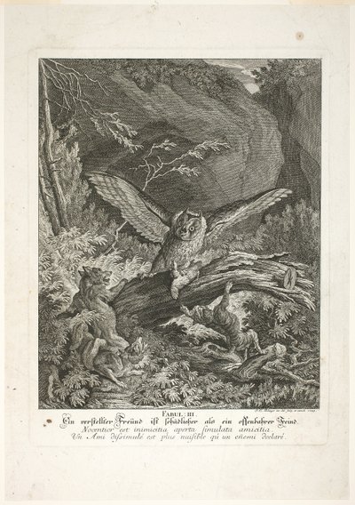 Fábula III, placa tres de Lehrreiche Fabeln aus dem Reiche der Theire de Johann Elias Ridinger
