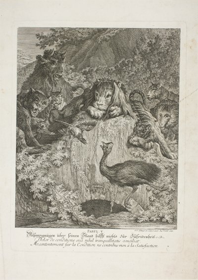 Fábula V, placa cinco de Lehrreiche Fabeln aus dem Reiche der Theire de Johann Elias Ridinger
