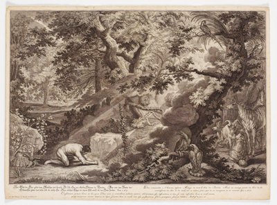 Dios prohíbe a Adán comer del árbol del conocimiento de Johann Elias Ridinger