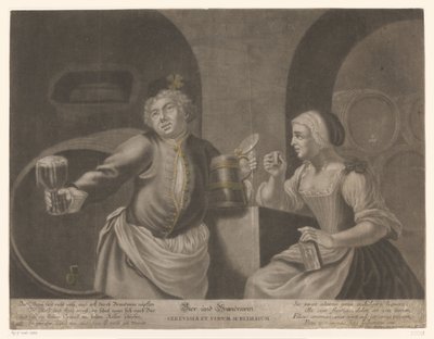 Hombre y mujer bebiendo cerveza y brandy
Bier und Brandewein / Cerevisia et vinum sublimatum de Johann Elias Ridinger