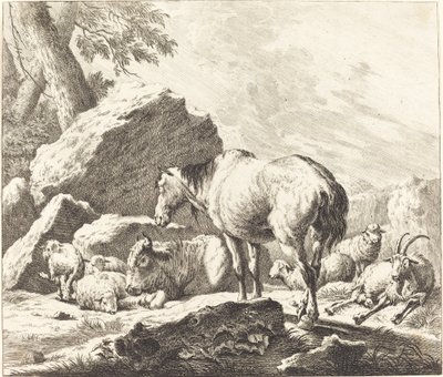 Un Caballo, Búfalo, Oveja y Cabra en un Paisaje Italiano de Johann Elias Ridinger after Johann Heinrich Roos
