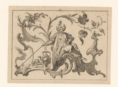 Fumar con pipa hombre con turbante sentado en un adorno rococó, junto a él una jarra, una taza y un platillo Fumadores en adorno rococó (título de la serie) de Johann Esaias Nilson