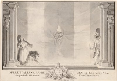 Dos Actores Espiando a Través de una Cortina de Teatro mientras Otros Preparan las Luces de Pie de Johann Esaias Nilson