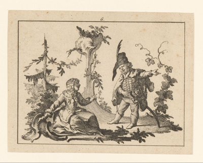 Mujer sentada con un hombre de pie con una pipa junto a ella en un adorno rococó Fumadores en adorno rococó (título de la serie) de Johann Esaias Nilson