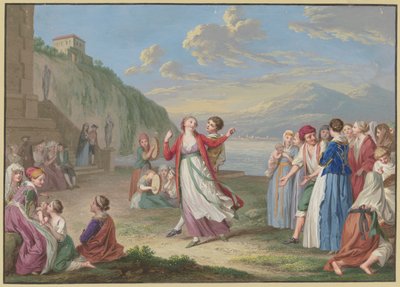 Campesinos italianos se entretienen a orillas del lago con juegos y bailes, altas montañas al fondo de Johann Friedrich August Tischbein