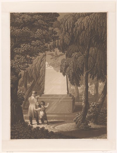 Hombre con un niño frente a un monumento a un oficial del ejército asesinado de Johann Friedrich Frick