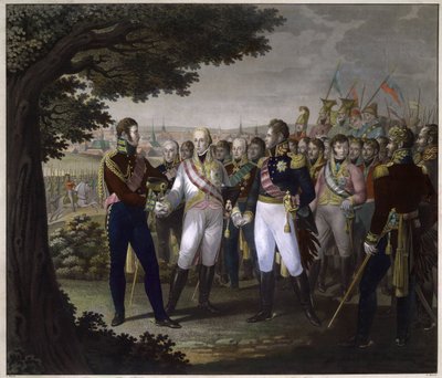 El zar ruso Alejandro I (1777-1825), el emperador austriaco Francisco I (1768-1835) y el rey prusiano Federico Guillermo (Frederic-Guillaume) III en Praga el 18 de marzo de 1813 - El encuentro entre los emperadores Francisco I de Austria, Alejandro I de Ru de Johann Friedrich Jügel