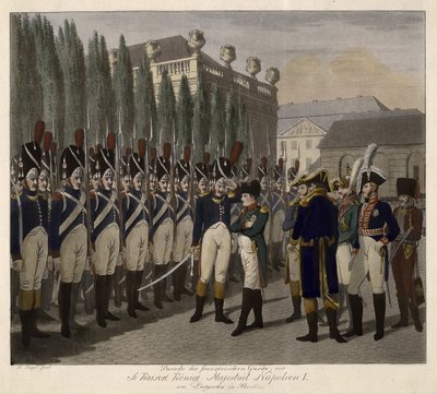 Desfile de los guardias franceses en el Lustgarten de Berlín en 1806 - Juegel, Johann Friedrich (1772-1833) - 1806 - Aguatinta - 31,6x39 - Colección privada de Johann Friedrich Jügel