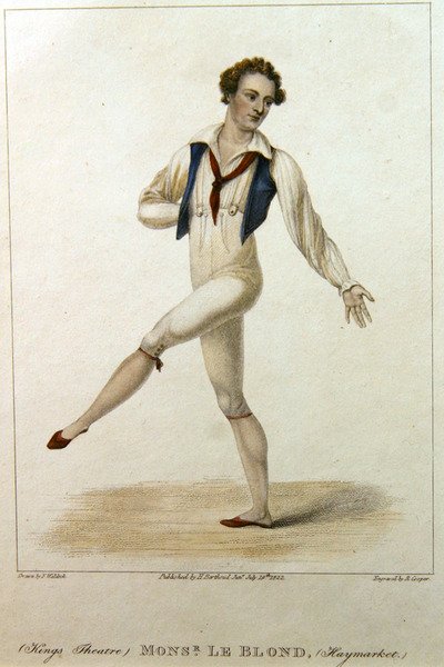 Retrato de Monsieur Le Blond, un bailarín del Teatro Haymarket, Londres, bailando con la pierna y el brazo extendidos, grabado por R. Cooper de Johann Friedrich Maximilian von (after) Waldeck