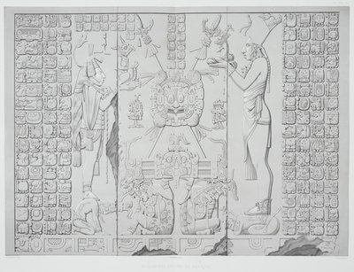 Relieve que representa a un sacerdote con ofrendas del Santuario del Templo del Sol, Palenque, láminas 29 y 30 de Monumentos Antiguos de México, grabado por Werner, 1866 de Johann Friedrich Maximilian von Waldeck