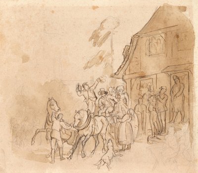 Carruaje tirado por caballos con bebedores de cerveza delante de un pub de Johann Friedrich Voltz