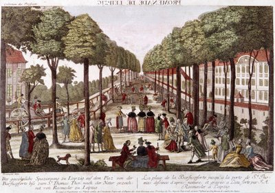 El paseo de Leipzig a finales del siglo XVIII. Grabado de Rosmesler & Bergmuller de Johann Georg Bergmuller