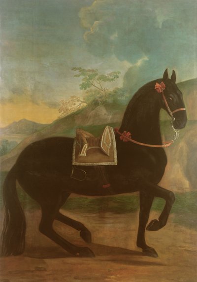 Un caballo negro con silla española de Johann Georg Hamilton