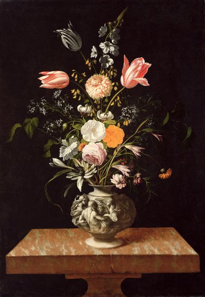 Jarrón con relieve y flores sobre una mesa de mármol de Johann Georg Hinz