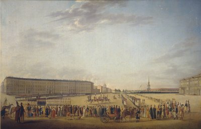 Cambio de guardia en la Plaza del Palacio en San Petersburgo, c. 1800 de Johann Georg Mayr