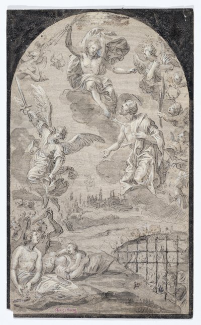 Santa intercediendo ante Cristo para que no lance el rayo sobre la ciudad de Augsburgo, c.1501-1600 (tiza negra, pluma y tinta negra, aguada gris y negra y acuarela blanca sobre papel verjurado preparado en gris) de Johann Georg Melchior (1625 1705) Schmittner