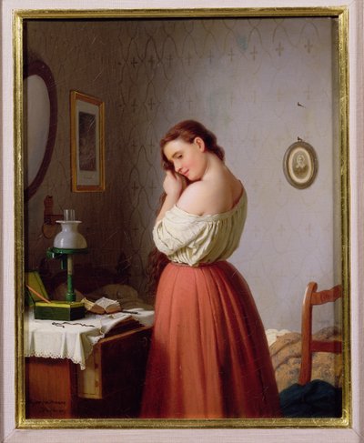 Joven mujer trenzando su cabello de Johann Georg Meyer von Bremen