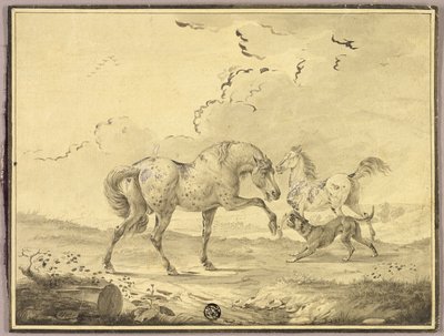 Dos caballos luchando contra un perro de Johann Georg Pforr