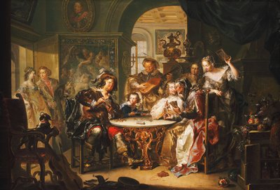 Un caballero haciendo trampa en las cartas con una anciana en un interior suntuoso de Johann Georg Platzer