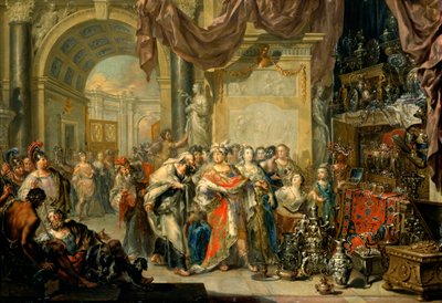 ""Cresus (596-546 avant JC) montre ses tresors a Solon (640-558 av. JC)"" - Croesus and Solon - Oil on copper by Johann Georg Platzer (1704-1761) - State Art Gallery, Dresden de Johann Georg Platzer