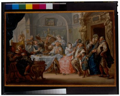 Interior con elegantes figuras en traje de máscaras festejando de Johann Georg Platzer