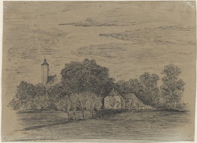 Paisaje con granja y torre de Johann Georg Schwartze (possibly)