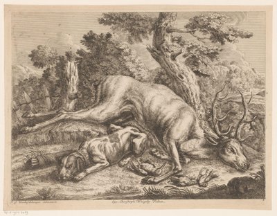 Perro de caza y botín con ciervos y pájaros. Botas de caza (título de la serie) de Johann Georg Wachsschlunger