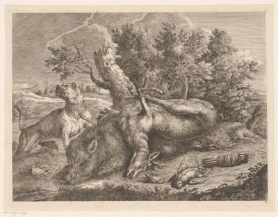 Perro de caza y botín con jabalíes, ciervos y pájaros. Botas de caza (título de la serie) de Johann Georg Wachsschlunger