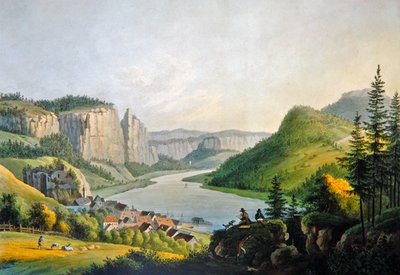 Vista de Wehlen en el Elba cerca de Konigstein en Sajonia, grabado por Johann-Friedrich Wizani (1770-1835) de Johann Gottfried (after) Jentsch