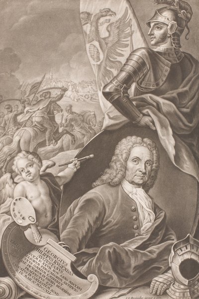 Busto del pintor Georg Philipp Rugendas con escena de batalla al fondo de Johann Gottfried Haid