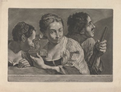Dos mujeres escuchando a un pájaro, con un hombre armado de Johann Gottfried Haid
