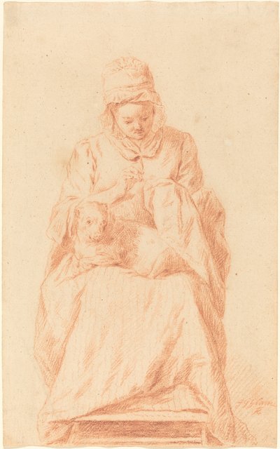 Joven cosiendo con un perro descansando en su regazo de Johann Gottlieb Glume