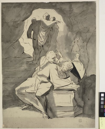 Un hombre en desesperación sobre una lápida en una cueva con otras figuras de Johann Heinrich Füssli
