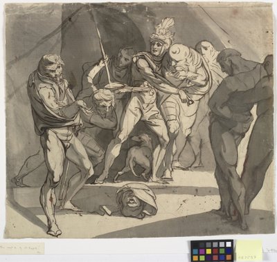 Ricardo Plantagenet lanza la cabeza cortada del duque de Somerset a los pies de su padre. Ilustración para Enrique VI de Shakespeare, Parte 3, acto 1, línea 20 de Johann Heinrich Füssli