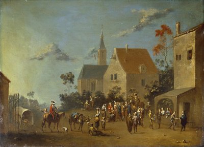Campesinas que se congregan en un pueblo (óleo sobre metal) de Johann Heinrich Keller