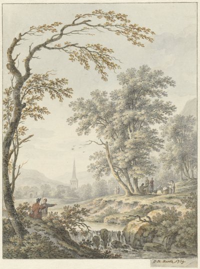 Paisaje con una cascada y una iglesia a lo lejos. de Johann Heinrich Muntz