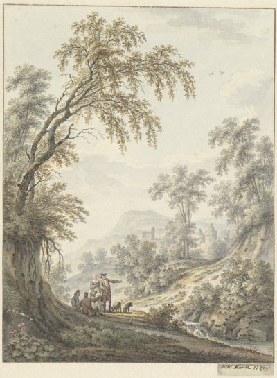 Paisaje con cascada y castillo a lo lejos de Johann Heinrich Muntz