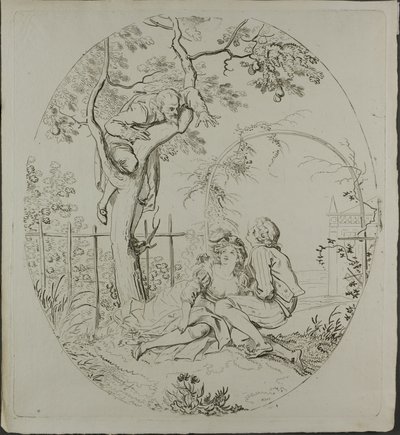Hombre barbudo que espía a sus amantes bajo un árbol de Johann Heinrich Ramberg